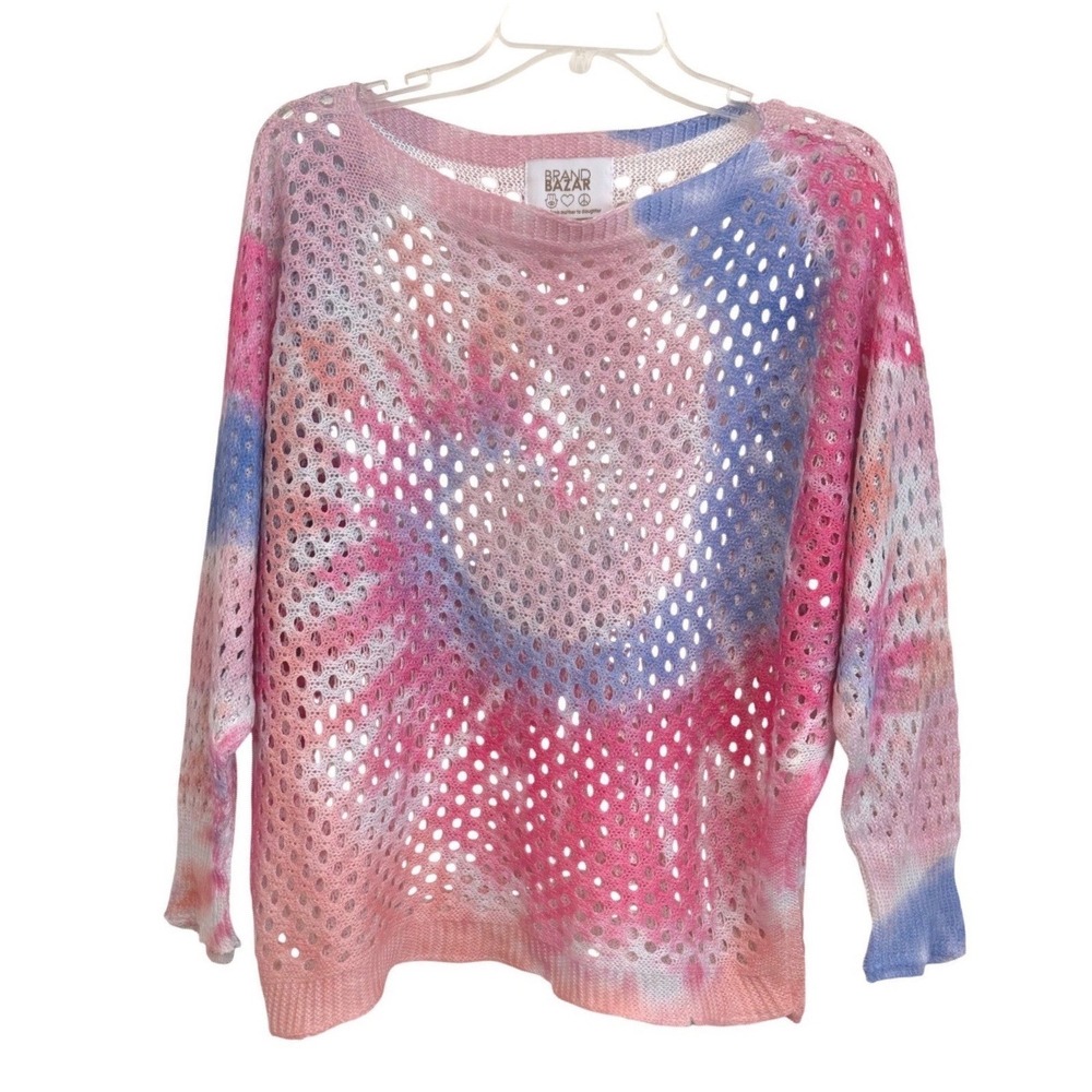 Brand‎ Bazar Womens Tie Dye Open Knit Sweater Pink Blue Oversized Boho 9303